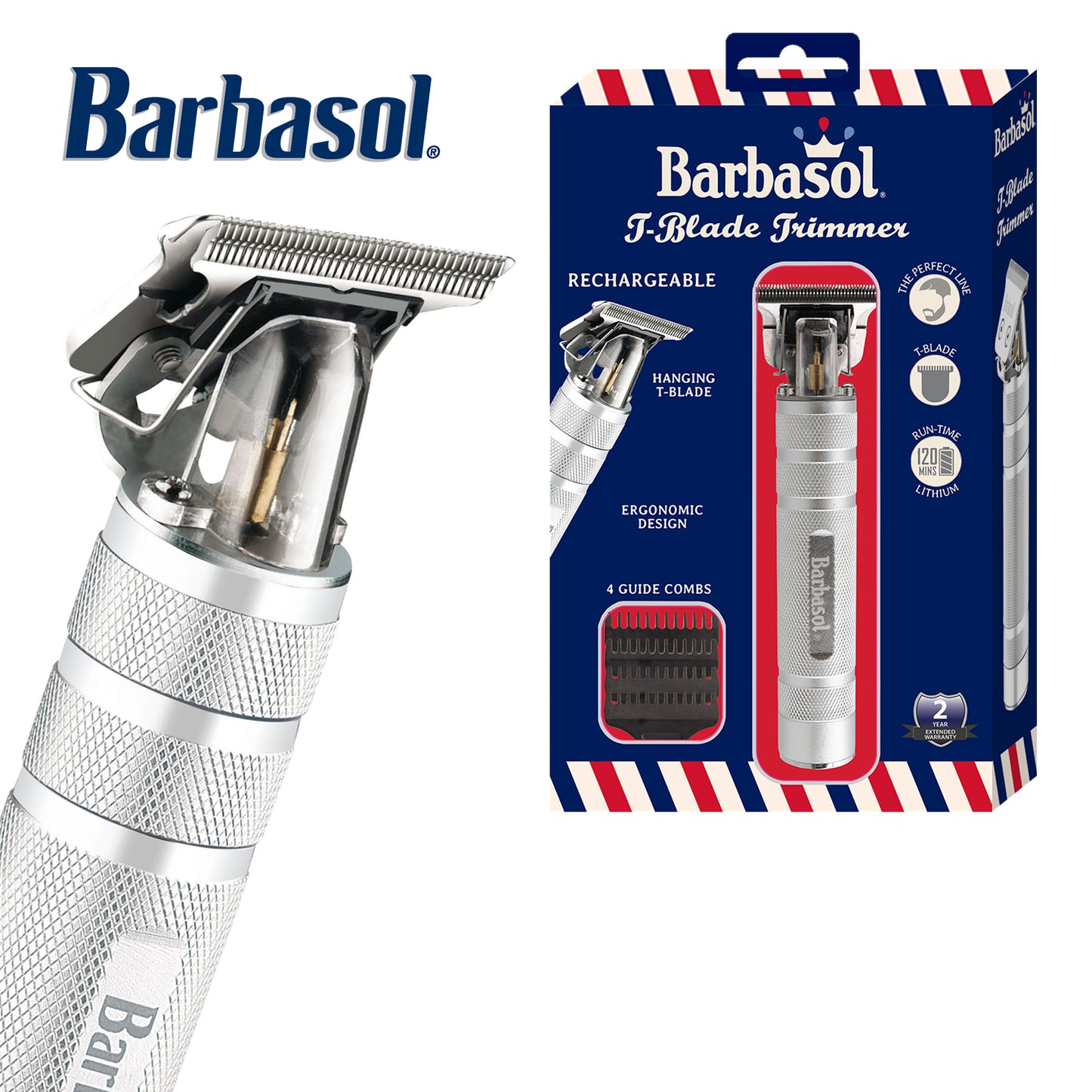Stainless-Steel Rechargeable Zero-Gapped T-Blade Trimmer, Hanging Blade, 3 Guide Combs