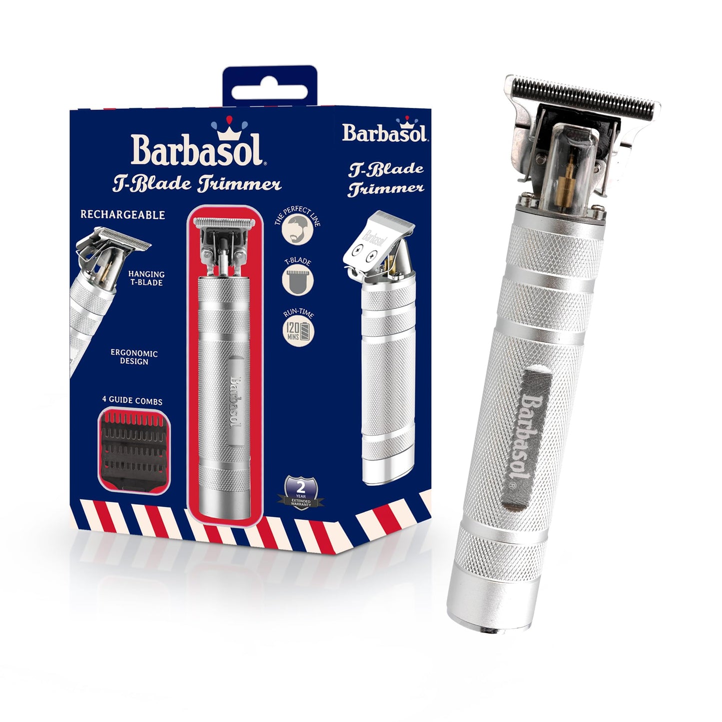 Stainless-Steel Rechargeable Zero-Gapped T-Blade Trimmer, Hanging Blade, 3 Guide Combs