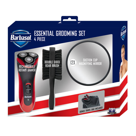 Ultimate Grooming Essentials Set: Rechargeable Shaver, Boar-Bristle Brush, 12X Magnifying Mirror, and Travel Bag