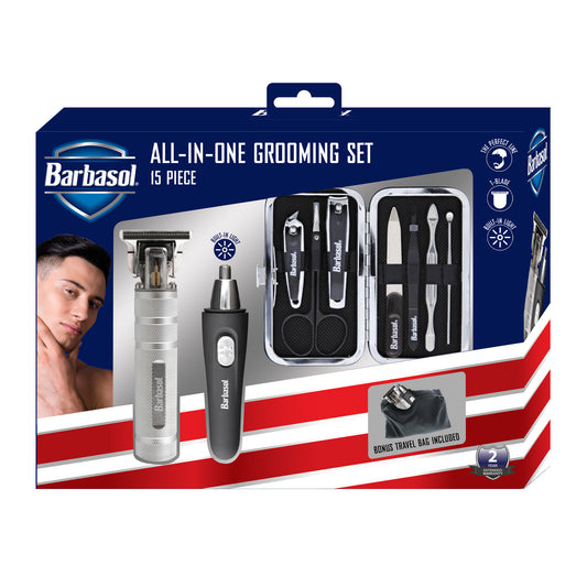 Deluxe Travel Grooming Kit: Rechargeable T Blade Shaver, Ear and Nose Trimmer, Manicure Set