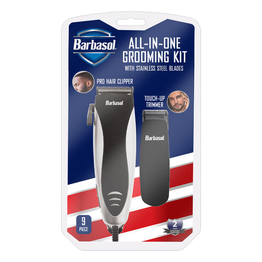 9pc All-in-One Kit with Rechargeable Hair Clipper, Stainless Steel Blades, and Touch-Up Trimmer